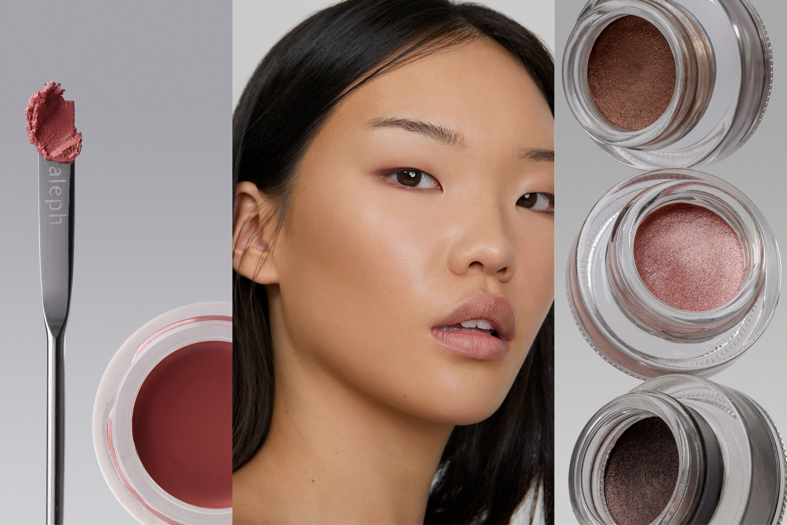 Model portrait with cream and shimmer makeup products.