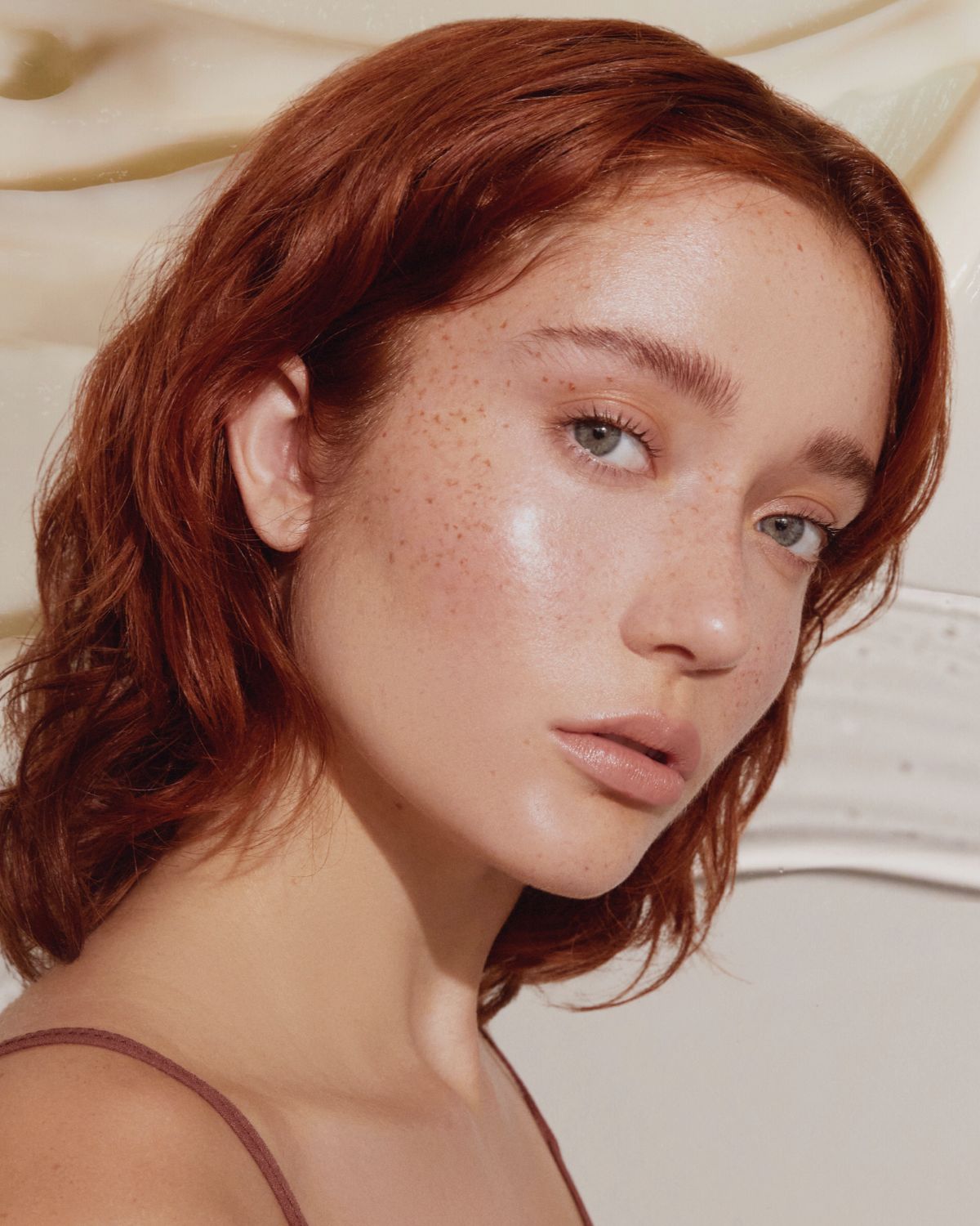 Close-up of model face with Aleph make-up. 